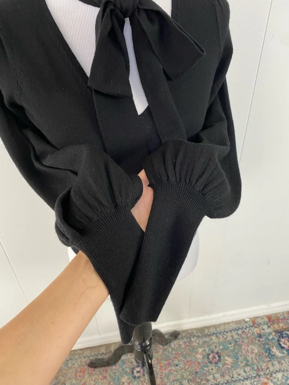 Zimmermann Black 100% Wool Sweater Puff‎ Sleeve Scoop Tie Neck Size 0P Elegant
